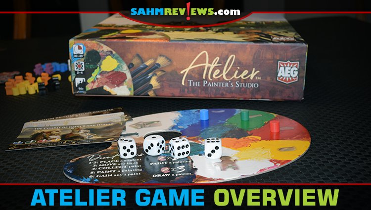 Compete to paint masterpieces in Atelier board game from Alderac Entertainment Group. You'll use dice instead of paint in this art-themed board game! - SahmReviews.com