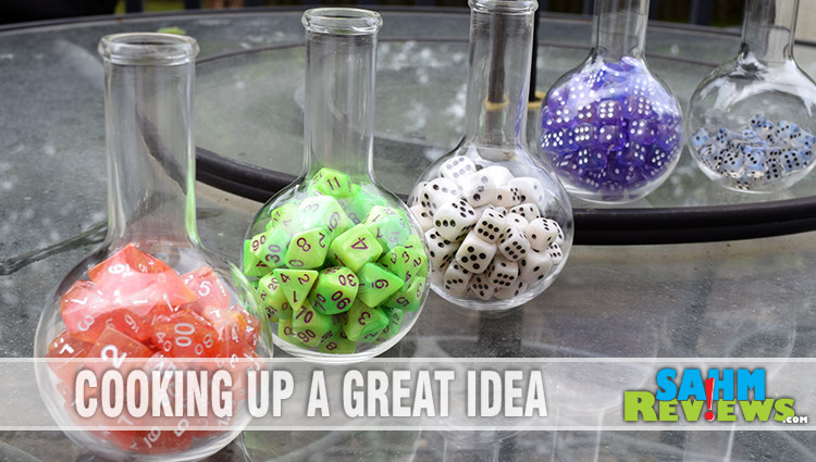 We've now amassed a sizable dice collection, but didn't have a way to display them. These lab flasks we found at Michael's turned out perfectly! - SahmReviews.com