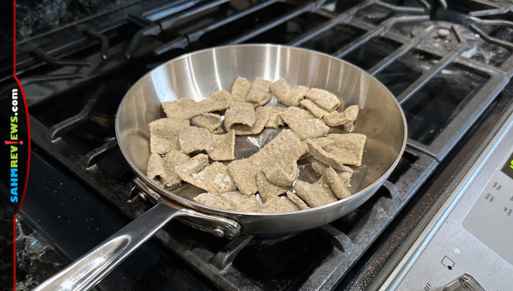 Brown pre-cooked gyro meat to a pan to add texture to the gyro salad. - SahmReviews.com