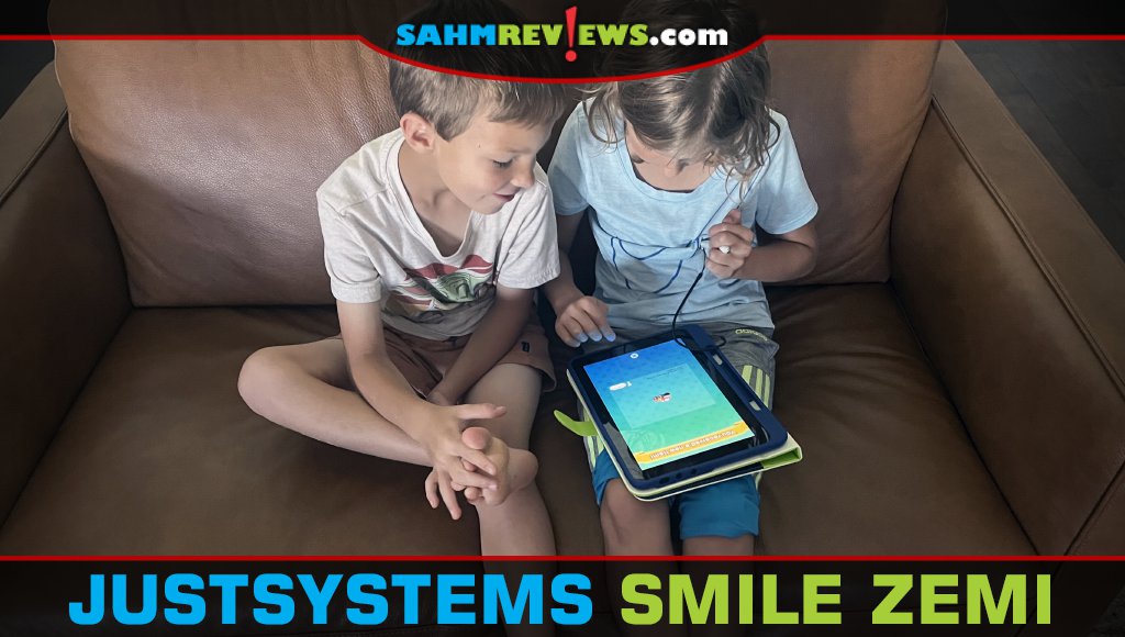 Siblings completing homeschool lessons with Smile Zemi educational tablet. - SahmReviews.com